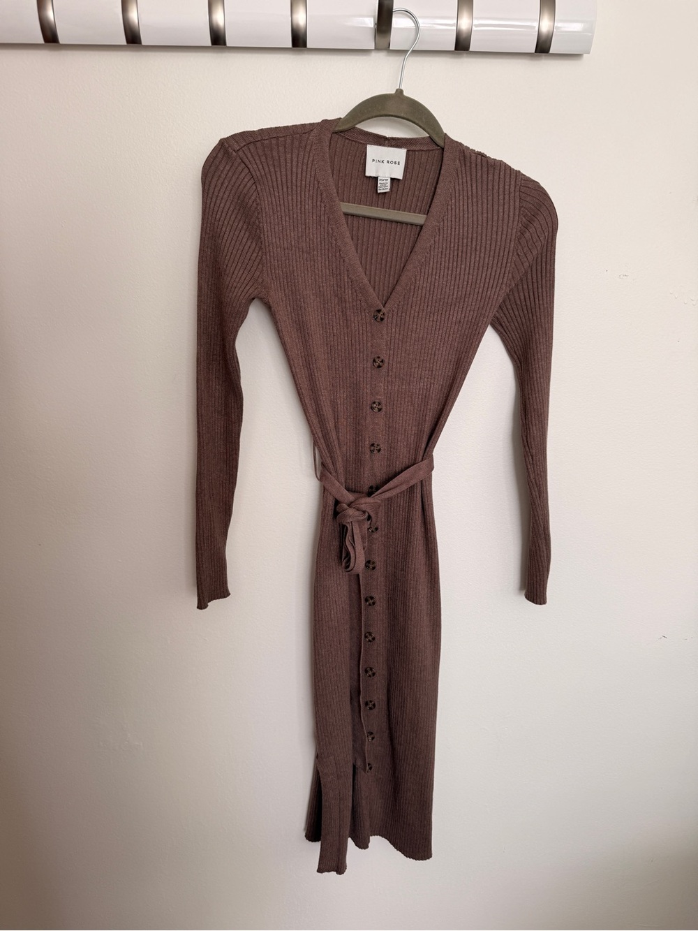 Pink Rose Ribbed Button-Front Midi Dress in Taupe Brown